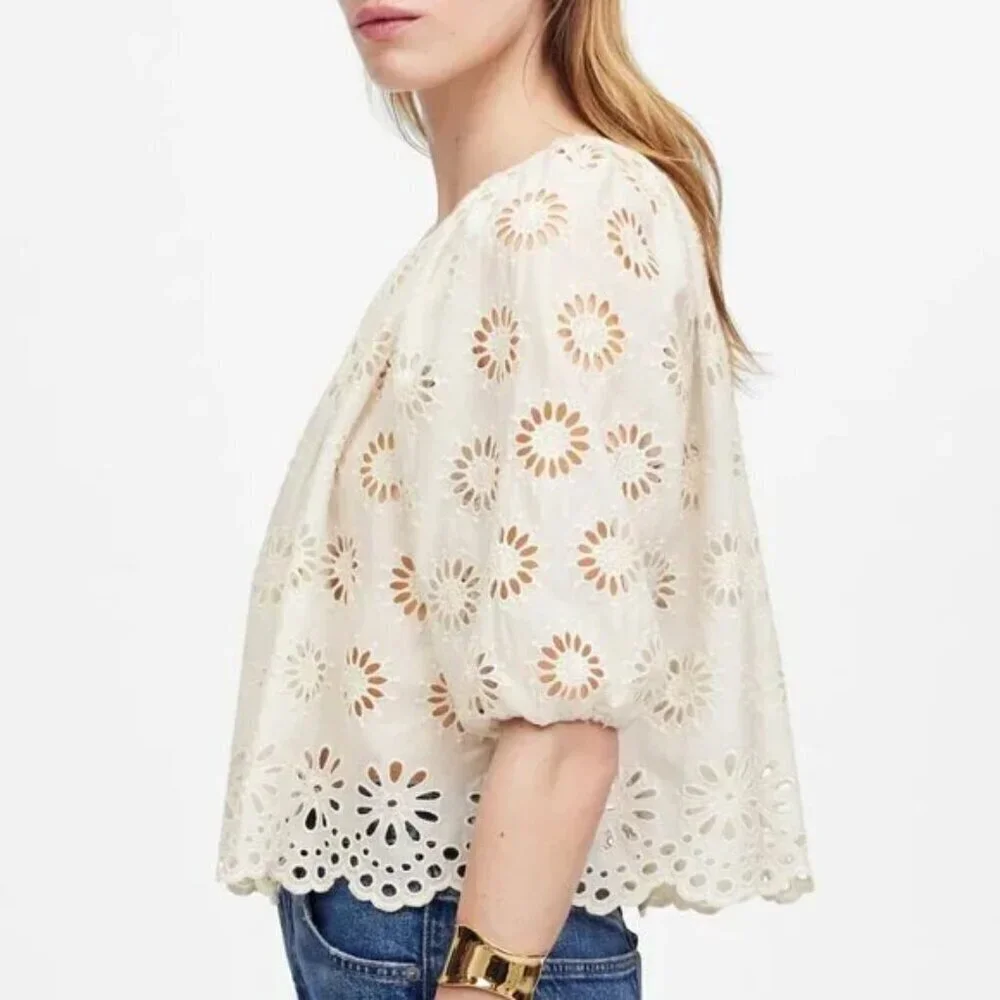 Madewell Embroidered Floral Cutouts Shirred Puff-Sleeve Top Cream Size XXS NWT